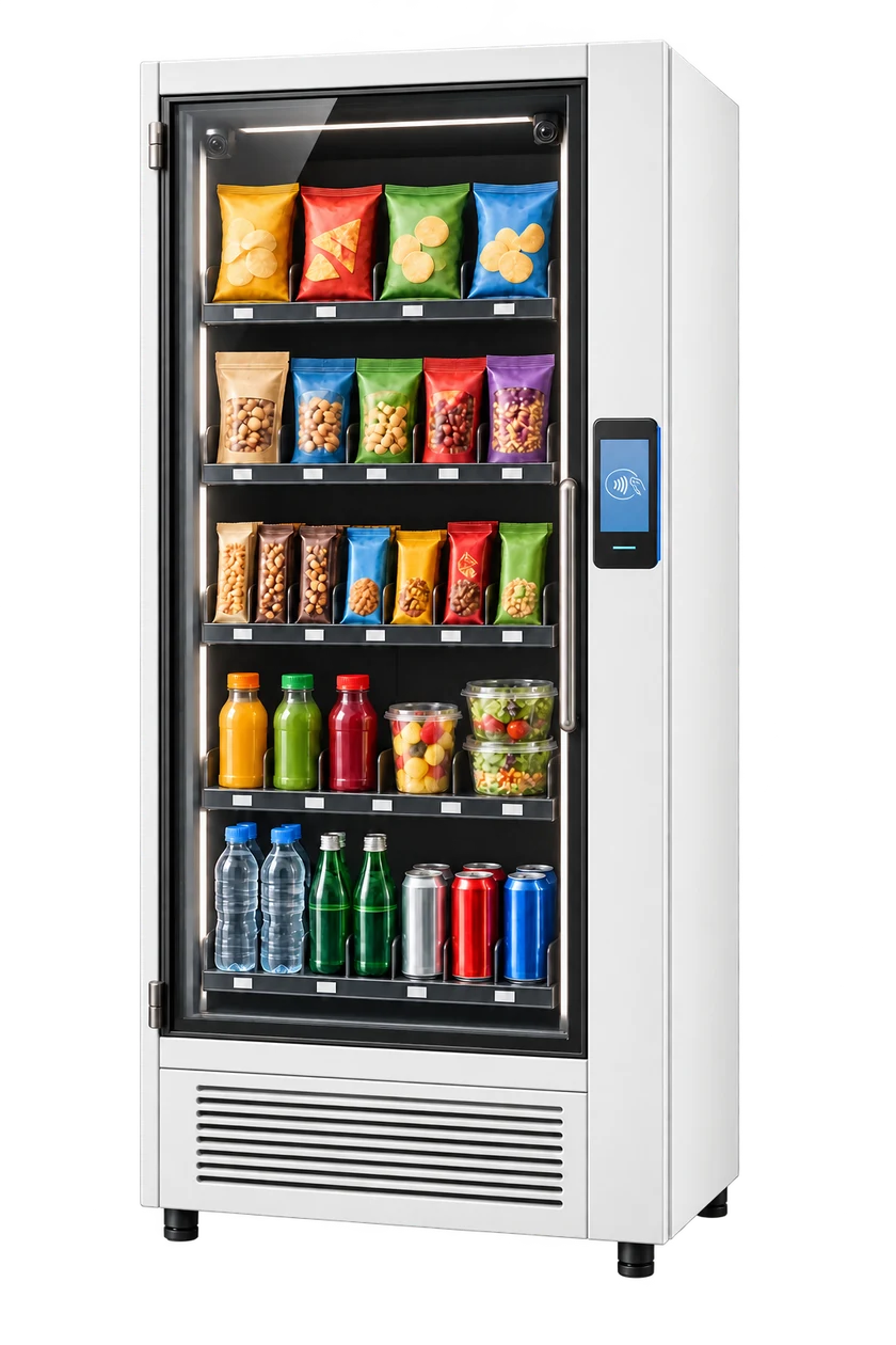 Illustrative porcelain-white AI vending cabinet with a glass access door, sensing cameras, and cashless terminal