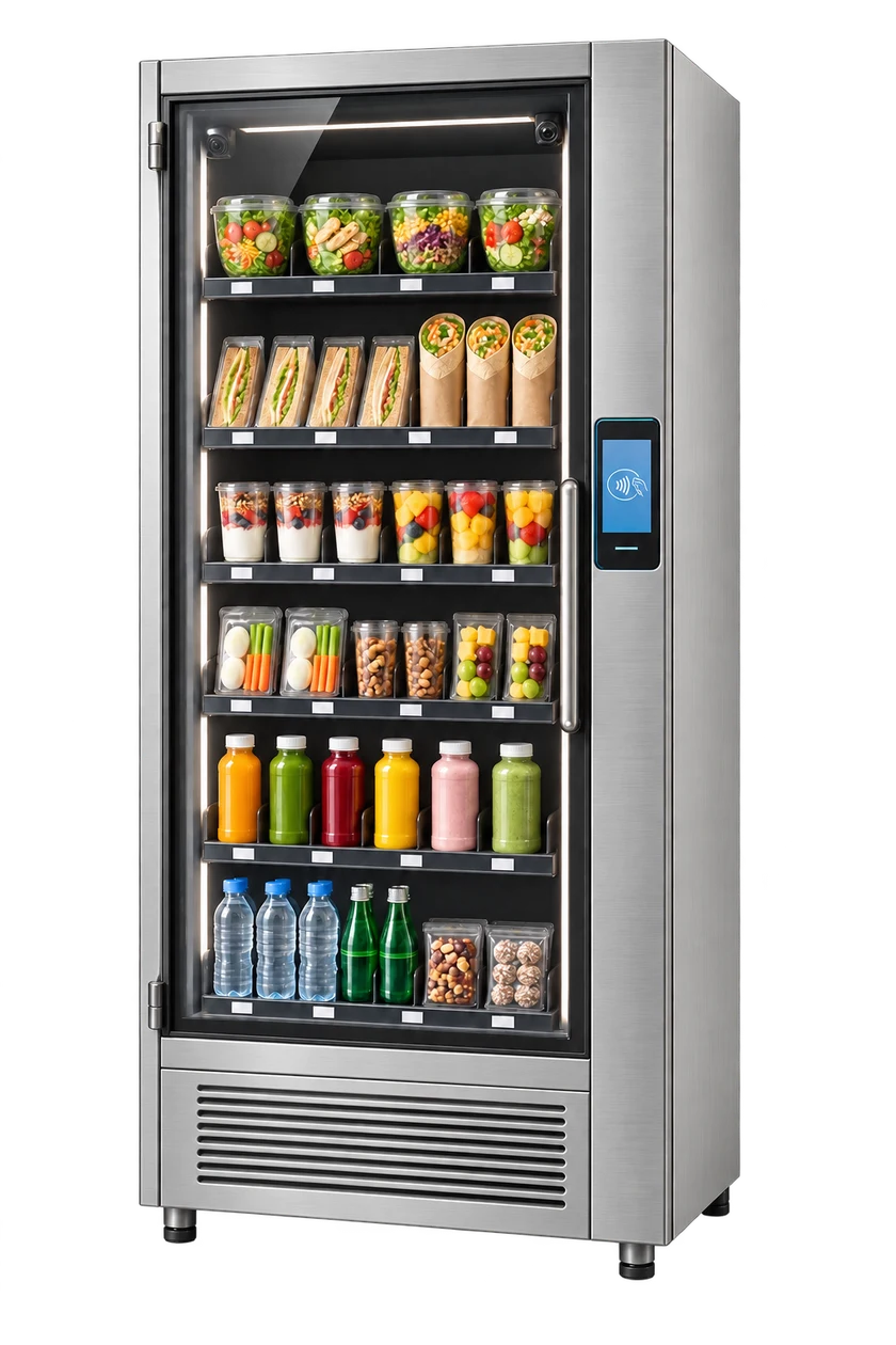 Illustrative brushed-silver smart cooler stocked with salads, sandwiches, fruit, and drinks