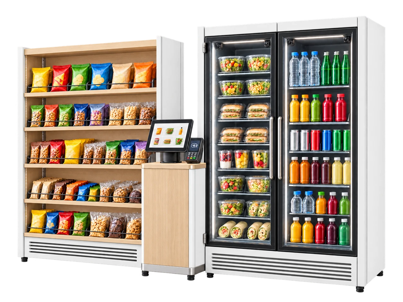 Illustrative white and pale-oak smart market with snack shelves, two glass-door coolers, and cashless self-checkout