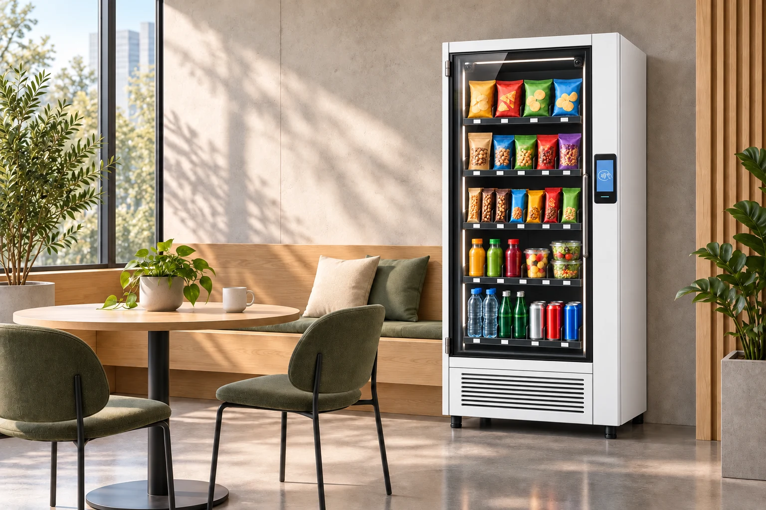Illustrative white glass-door AI vending cabinet beside oak seating in a sunlit workplace