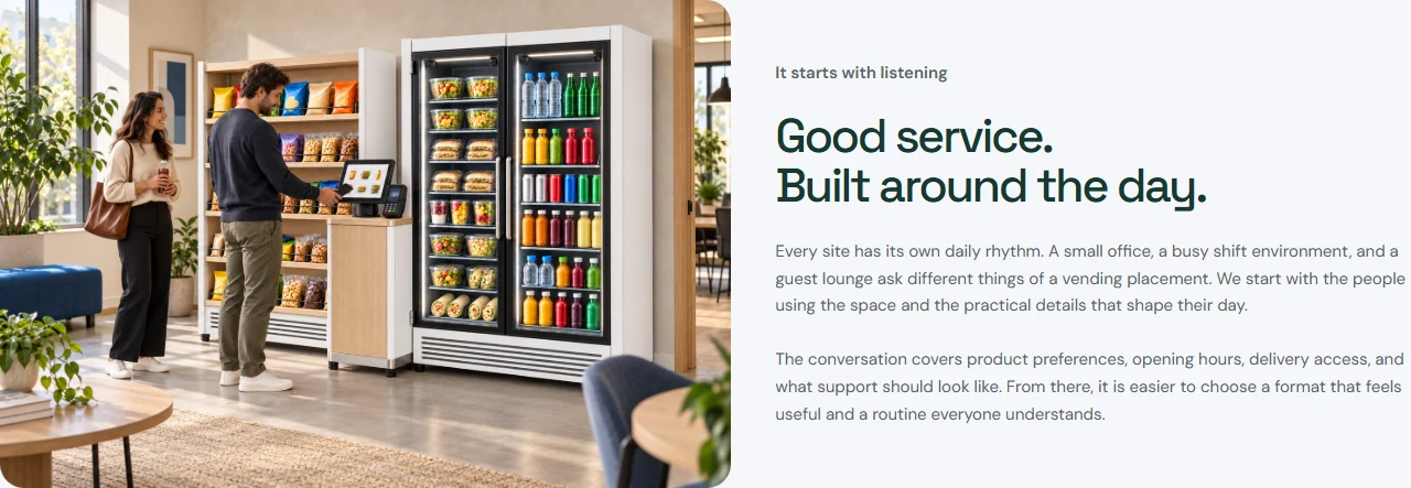 Vendrest About page section with its vending installation photograph and service introduction.