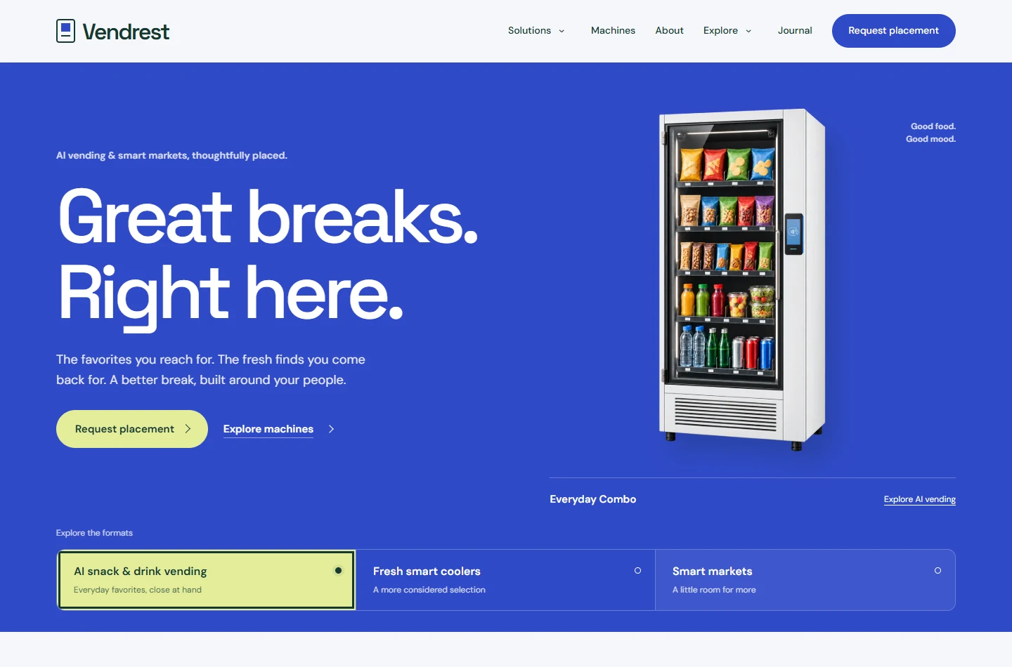 Vendrest WordPress theme preview with a blue hero and a smart vending machine