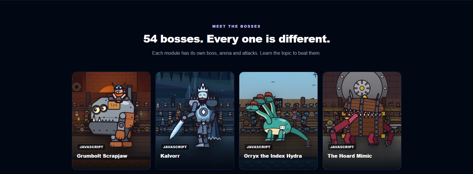 The current QuizRaiders website showing a complete row of four illustrated boss arenas and their names.