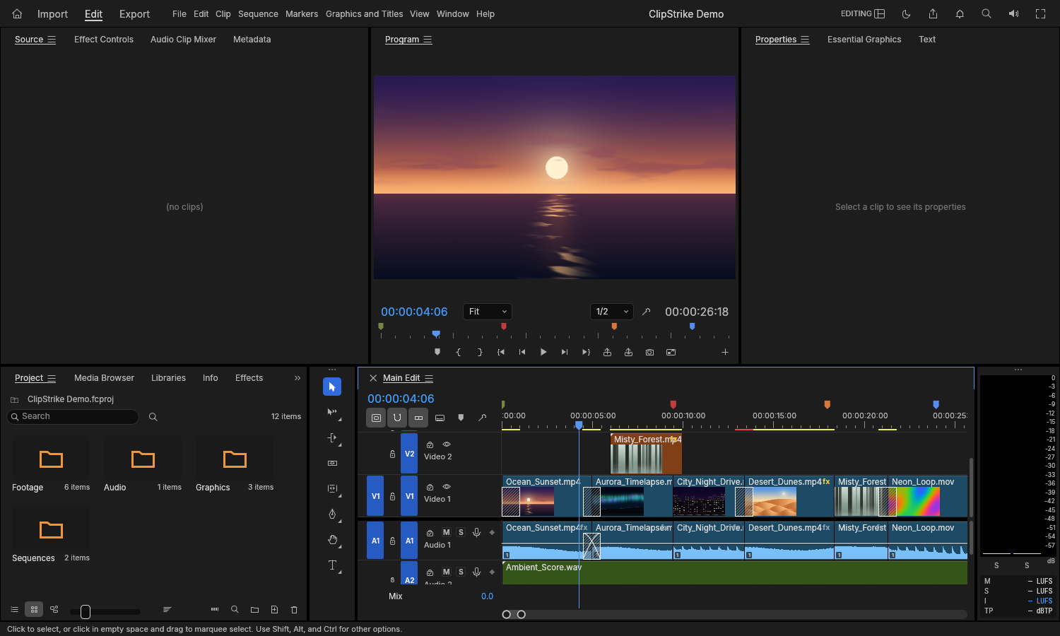 ClipStrike's native editor showing a procedural sunset, organized media bins, and a multitrack video and audio timeline.
