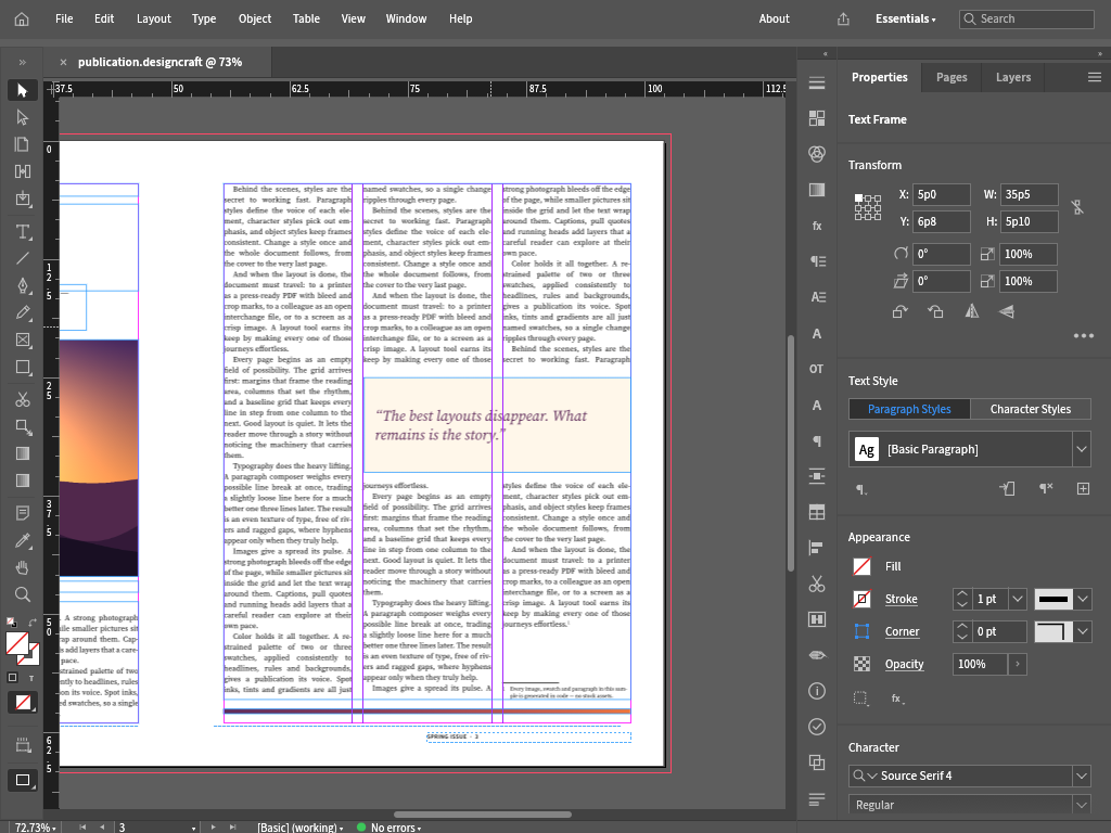 Native DesignStrike editor displaying page three of a synthetic multi-page publication.