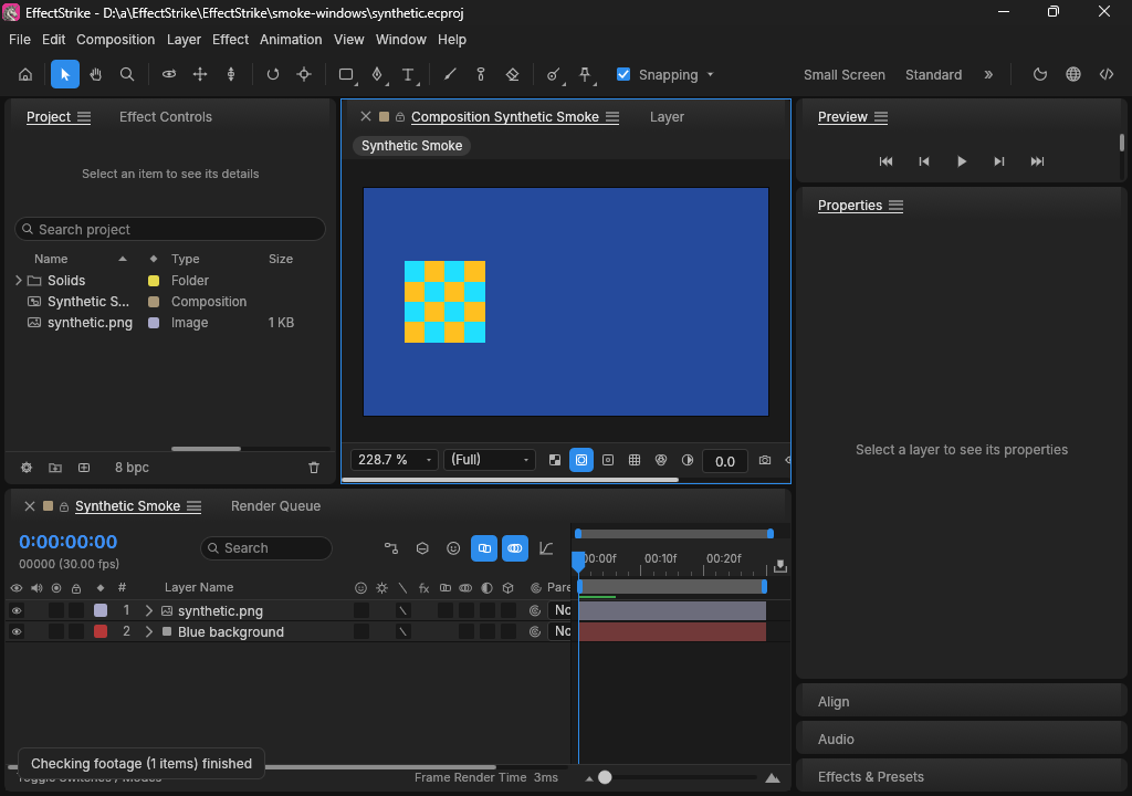 EffectStrike compositor with a synthetic two-layer composition, preview viewer and timeline.