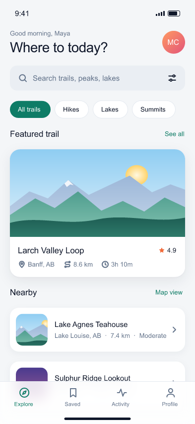 A trail-discovery mobile screen from the Ridgeline sample, rendered by FigStrike. This is design output rather than an editor screenshot.