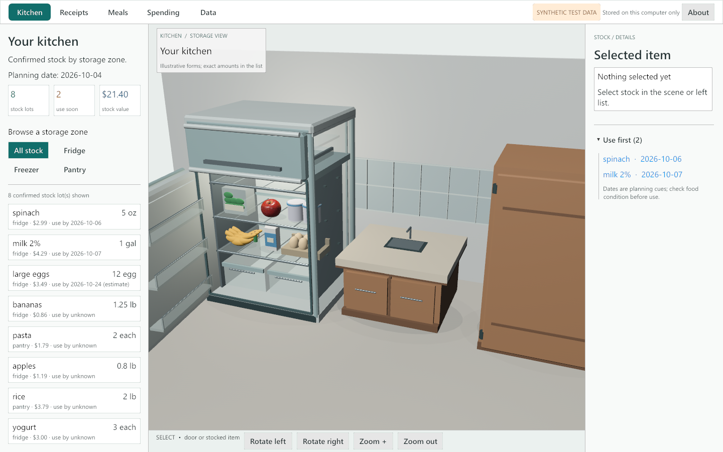 HungerStrike’s Kitchen development preview with sample inventory, open fridge, pantry, storage-zone controls and use-first dates. No About dialog is open.
