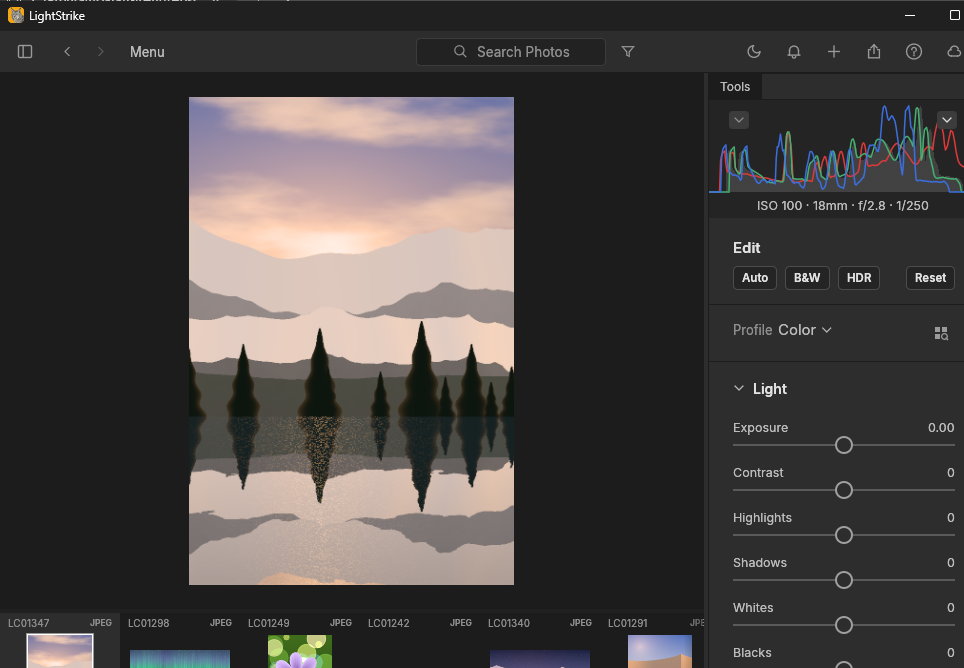 LightStrike's native photo editor showing a developed procedural sample image, filmstrip, and adjustment panels.