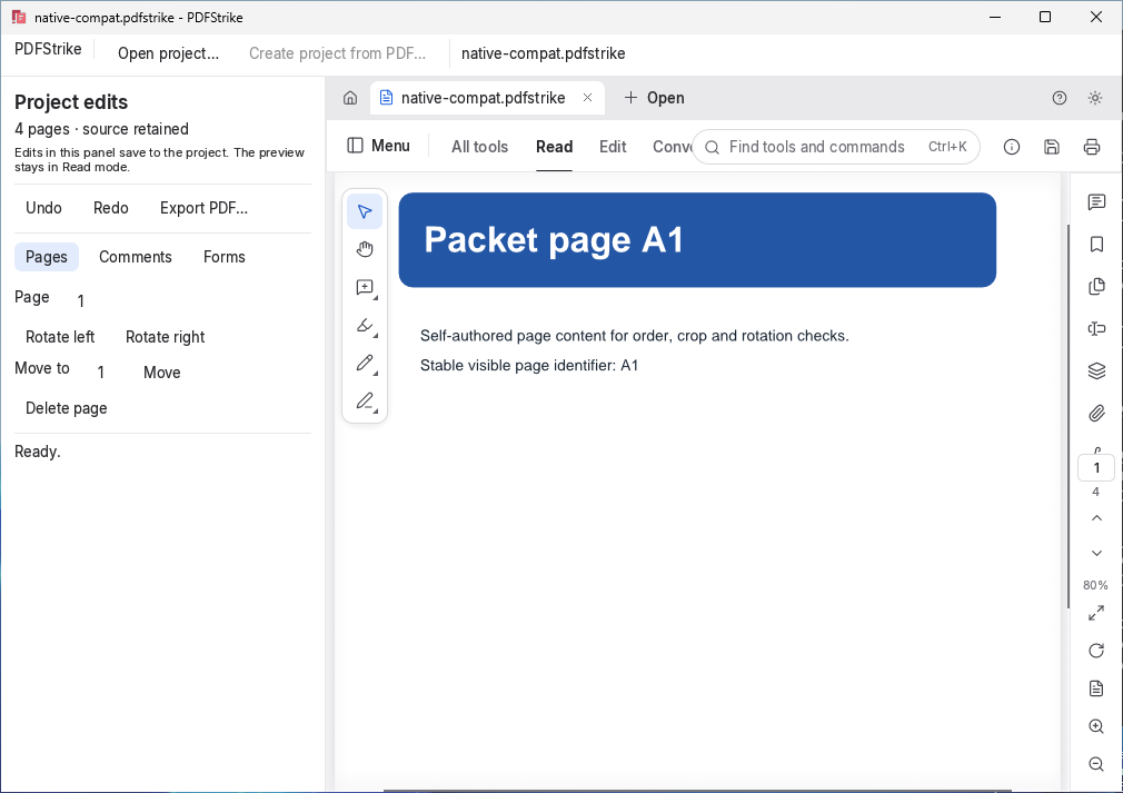 PDFStrike's native project window displaying four pages from an original sample PDF.