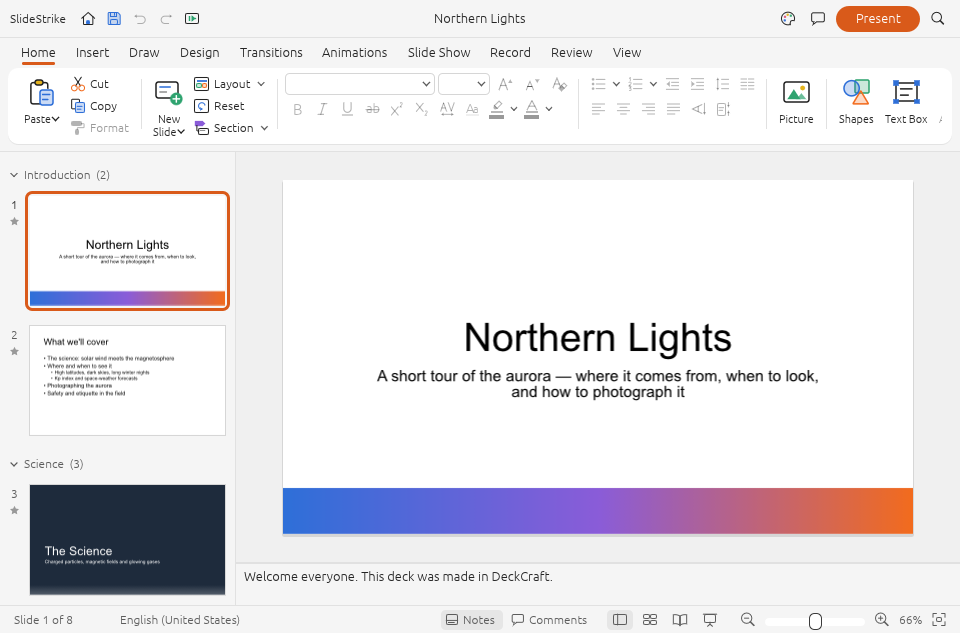 SlideStrike’s native presentation editor showing the Northern Lights sample deck, slide thumbnails and speaker notes.