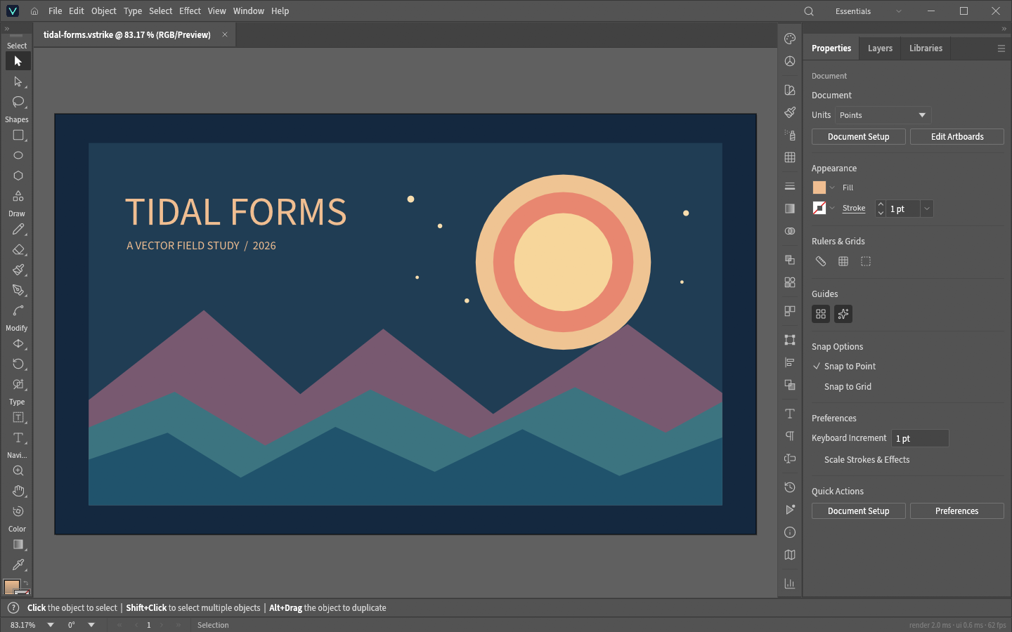 VectorStrike's native workspace displaying the original Tidal Forms vector poster with shapes, text, layers, and properties.