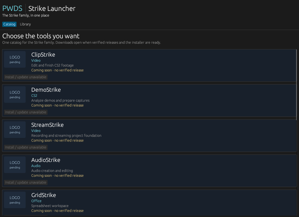 Native Strike Launcher development window showing app descriptions and unavailable coming-soon installation controls.