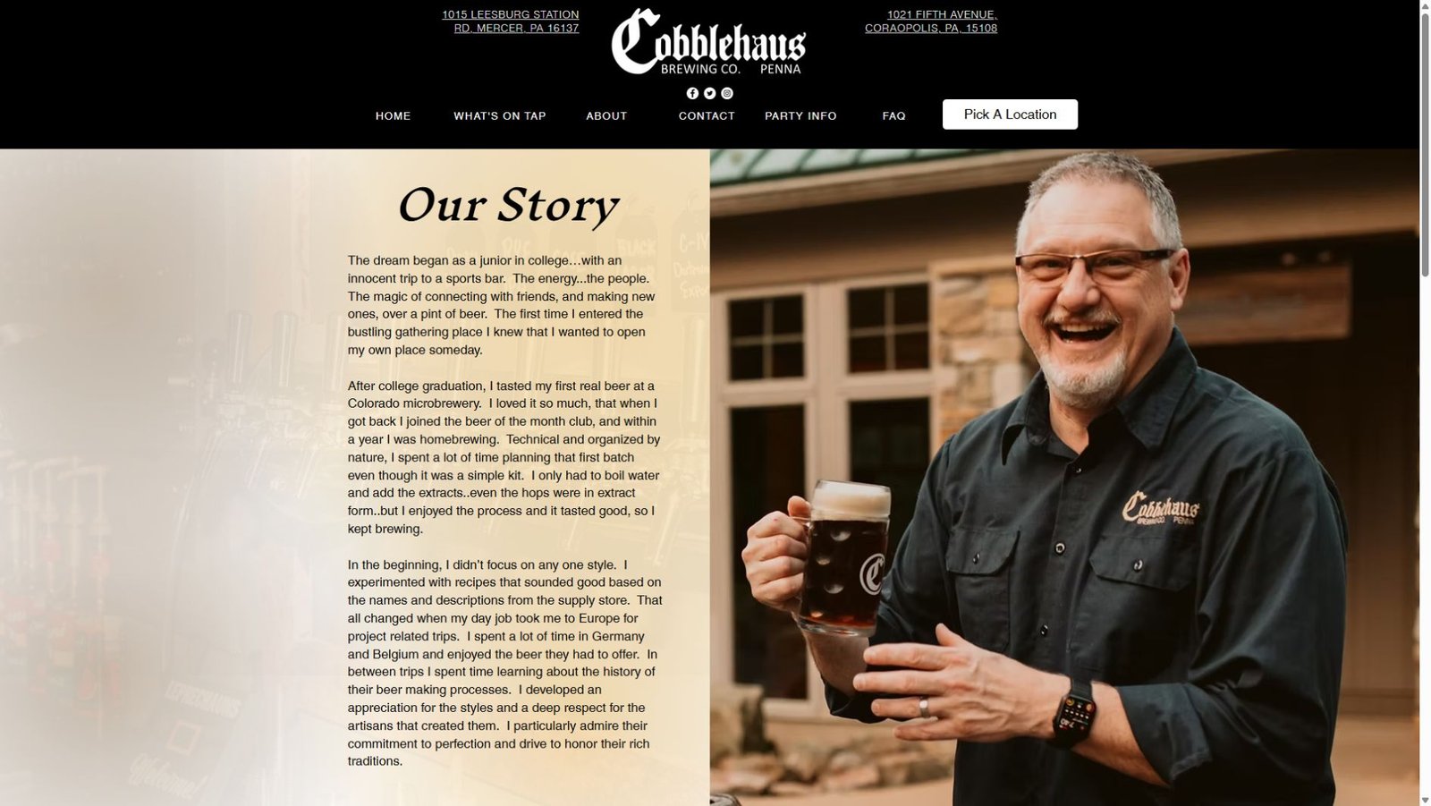 Cobblehaus about page describing the brewery story and products