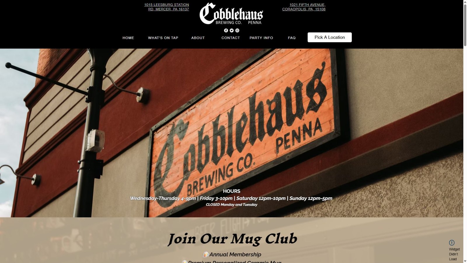 Cobblehaus Coraopolis location page with hours, events, and contact details