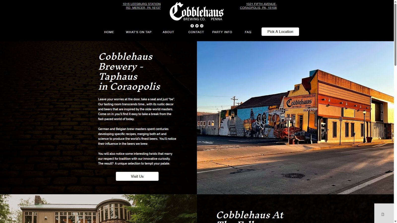 Cobblehaus Brewing Company homepage featuring the Coraopolis taproom