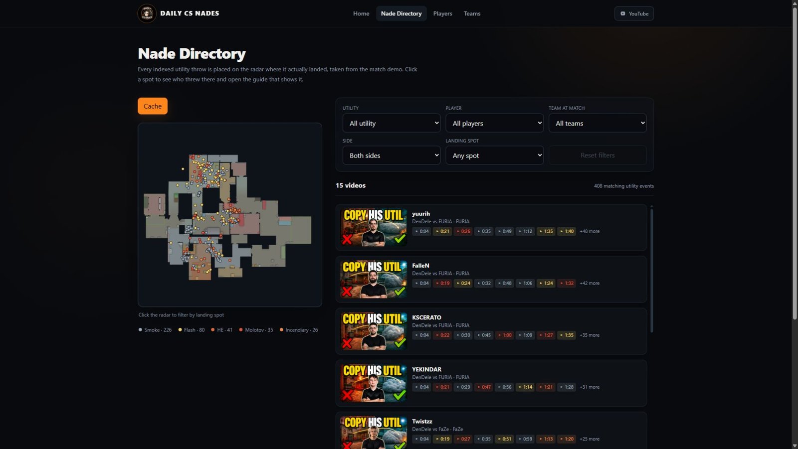 Daily CS Nades directory showing the Cache radar, utility filters, players, and timestamped video links