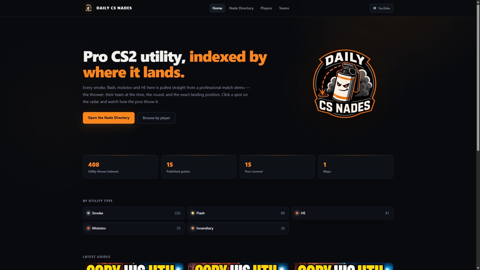 Daily CS Nades homepage introducing its professional CS2 utility database and current catalog