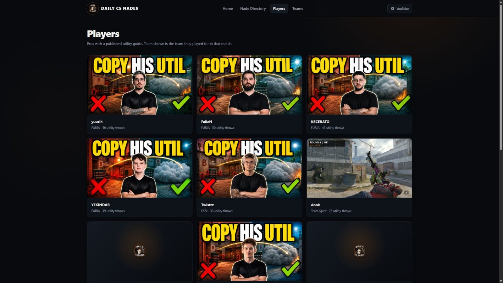 Daily CS Nades player directory with professional player profiles and indexed utility counts