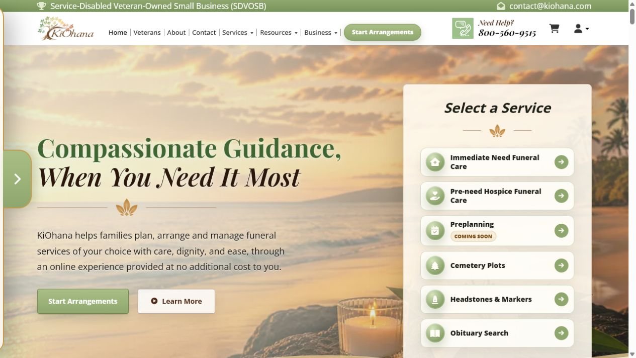 KiOhana homepage for compassionate online funeral planning and care services