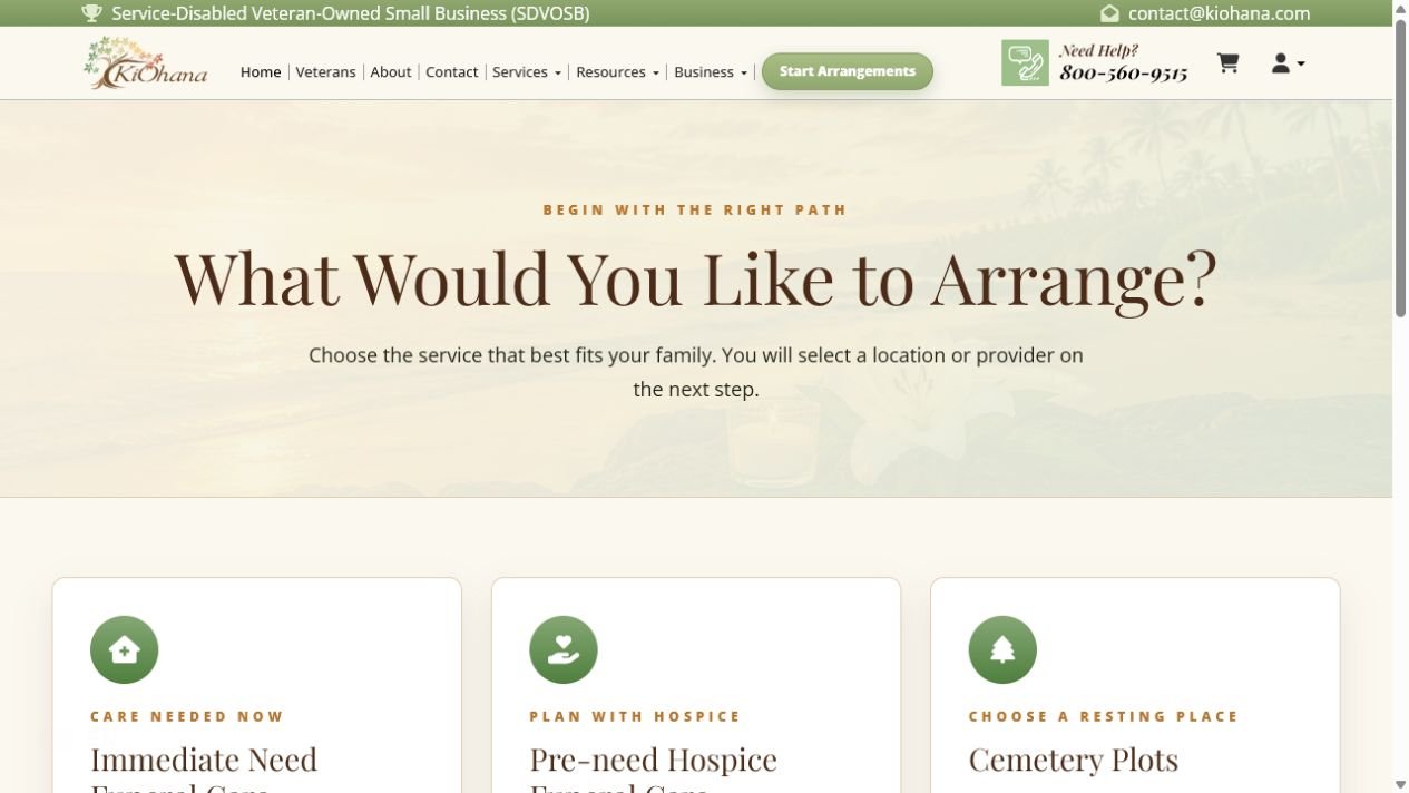 KiOhana start arrangements page presenting immediate need, hospice, and cemetery choices