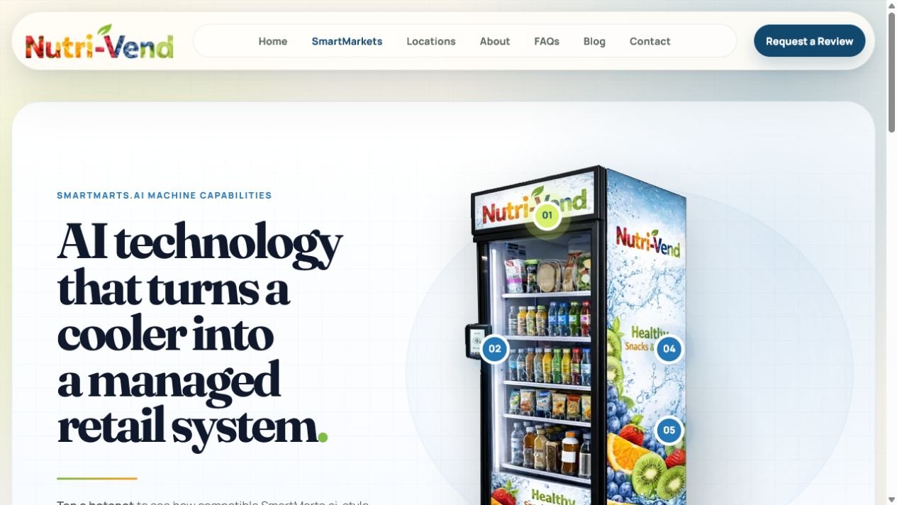 Nutri-Vend AI technology page detailing the smart retail system