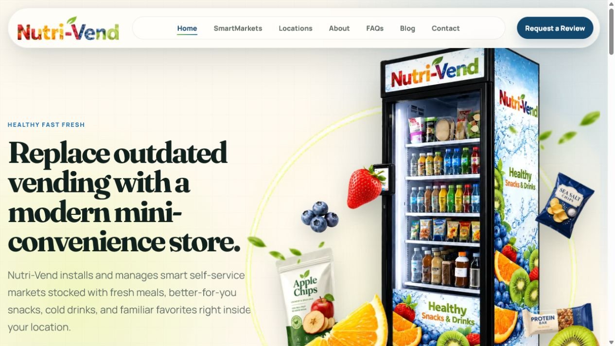 Nutri-Vend SmartMarket homepage featuring a modern self-service market