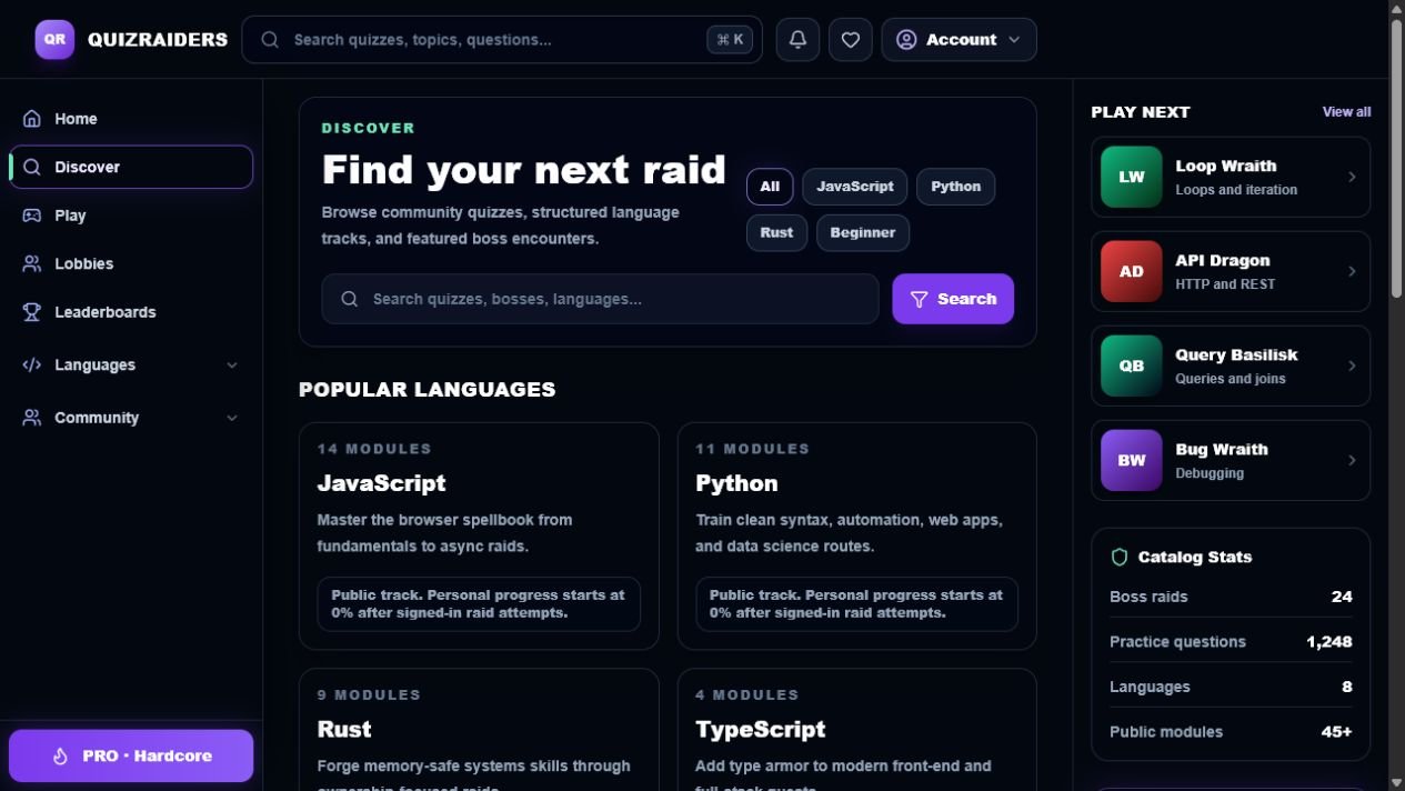 QuizRaiders discover view for programming languages and featured raids