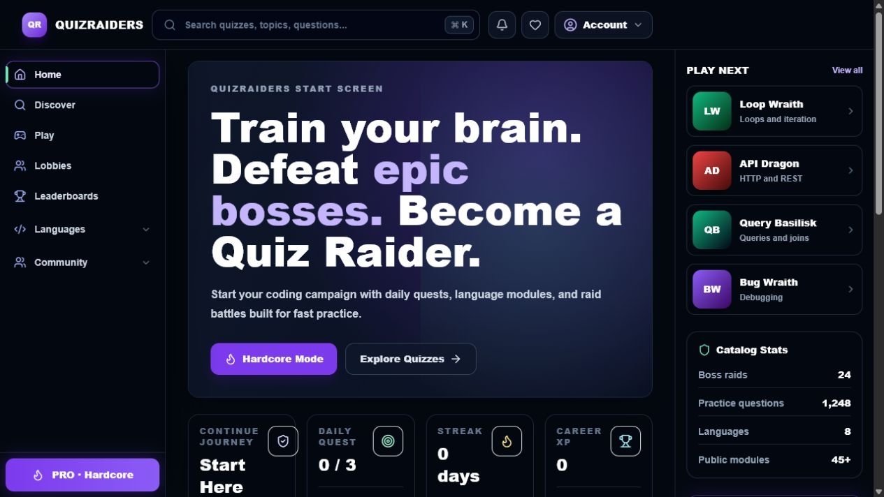 QuizRaiders coding quiz dashboard with boss raids, quests, and language tracks