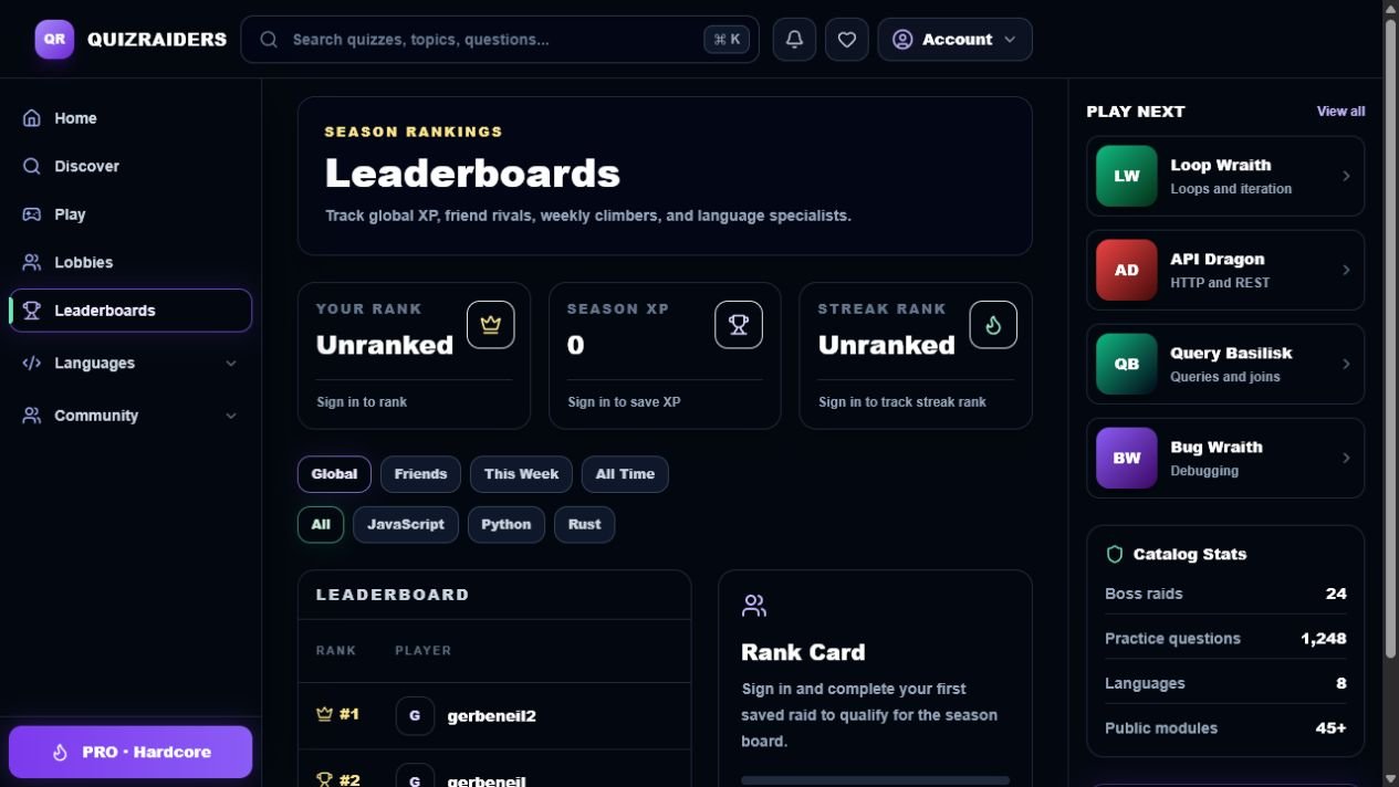 QuizRaiders leaderboard interface showing player ranking systems