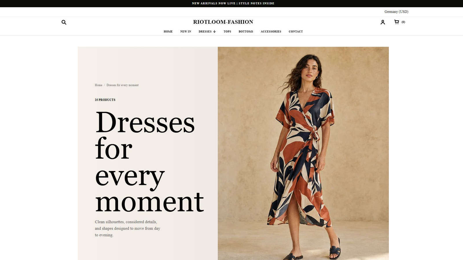 RiotLoom Dresses collection page with merchandising and product filters