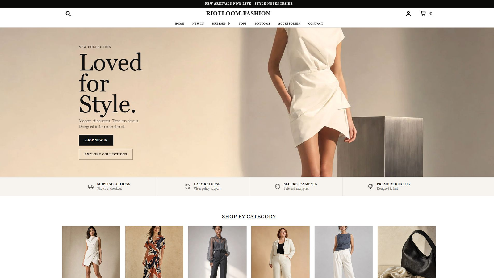 RiotLoom fashion storefront homepage showing the editorial commerce experience