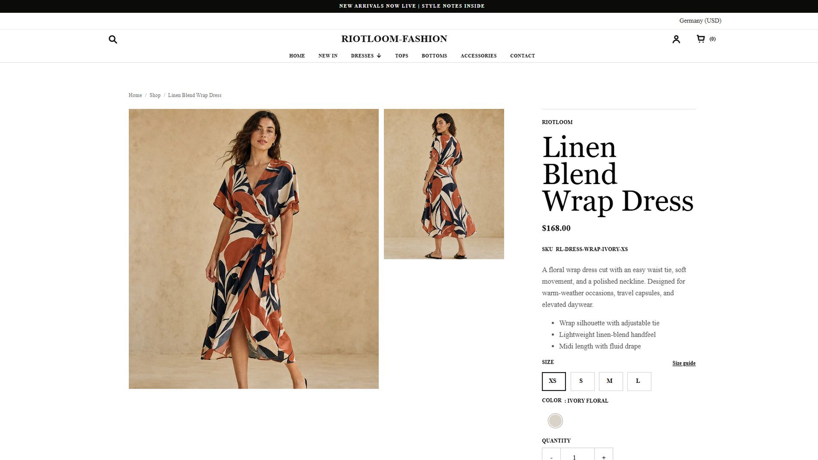 RiotLoom product detail page for the Linen Blend Wrap Dress