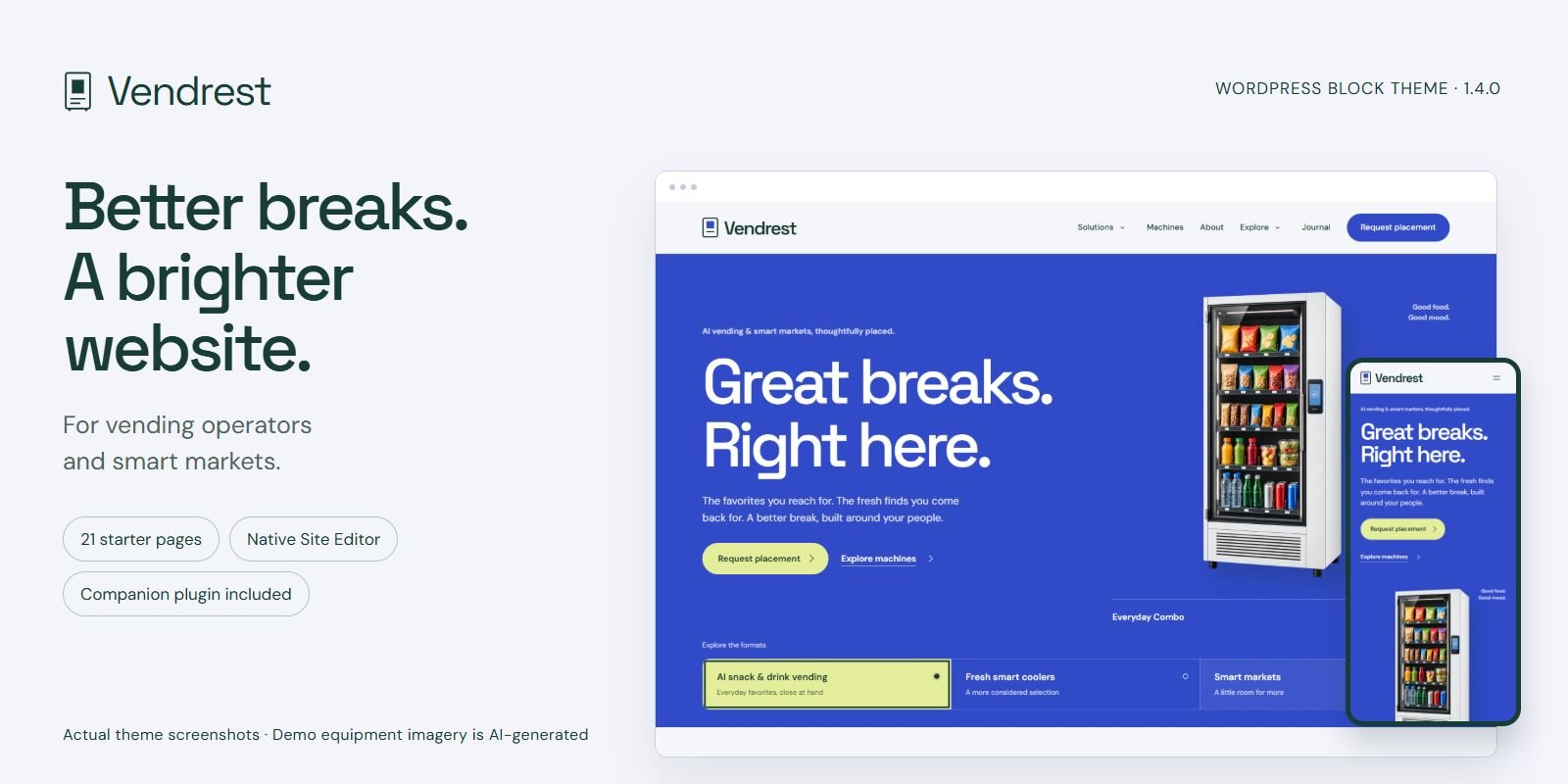 Vendrest website preview with its blue hero, smart vending machine and friendly typography